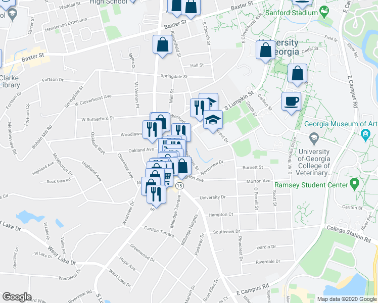 map of restaurants, bars, coffee shops, grocery stores, and more near 125 Woodrow Street in Athens