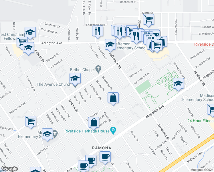 map of restaurants, bars, coffee shops, grocery stores, and more near 4112 Saint George Place in Riverside
