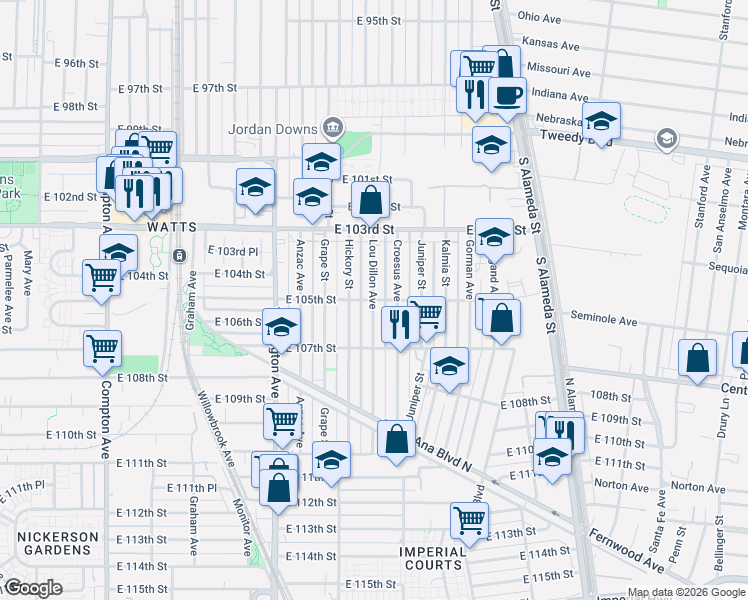 map of restaurants, bars, coffee shops, grocery stores, and more near E 105th St & Lou Dillon Ave in Los Angeles
