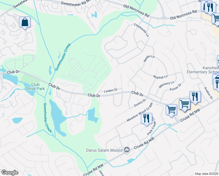 map of restaurants, bars, coffee shops, grocery stores, and more near 3121 Linden Drive in Lawrenceville