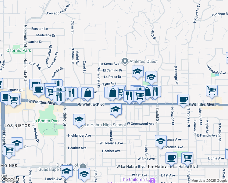 map of restaurants, bars, coffee shops, grocery stores, and more near 901 Kirby Drive in La Habra
