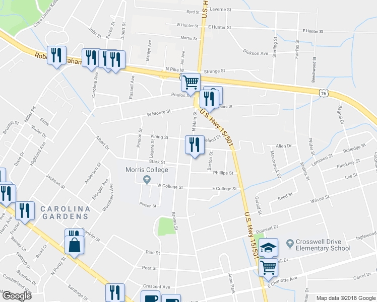 map of restaurants, bars, coffee shops, grocery stores, and more near 838 North Main Street in Sumter