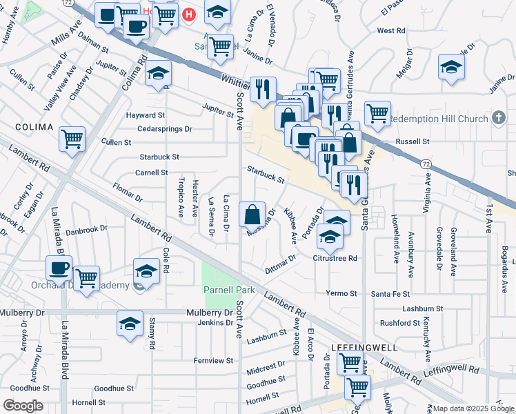 map of restaurants, bars, coffee shops, grocery stores, and more near 10415 Messina Drive in Whittier