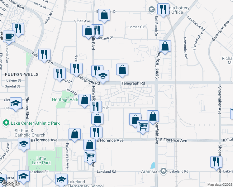 map of restaurants, bars, coffee shops, grocery stores, and more near 12345 Heritage Springs Drive in Santa Fe Springs