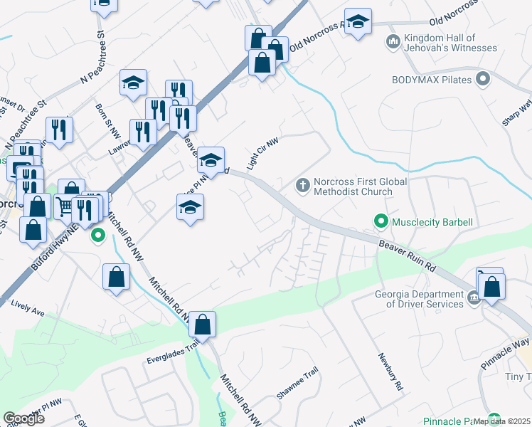 map of restaurants, bars, coffee shops, grocery stores, and more near 2467 Garmon Lane Northwest in Norcross