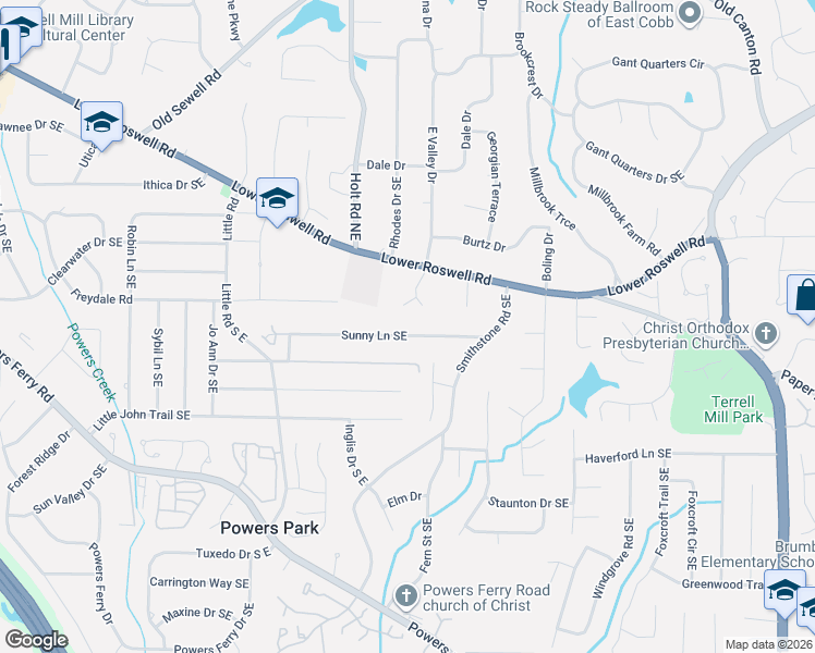map of restaurants, bars, coffee shops, grocery stores, and more near 2637 Sunny Lane Southeast in Marietta
