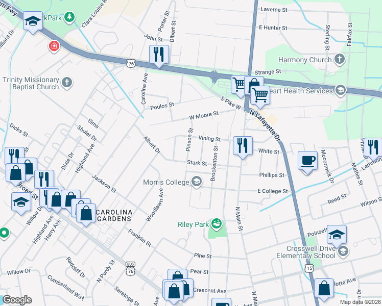 map of restaurants, bars, coffee shops, grocery stores, and more near 305 Pinson Street in Sumter