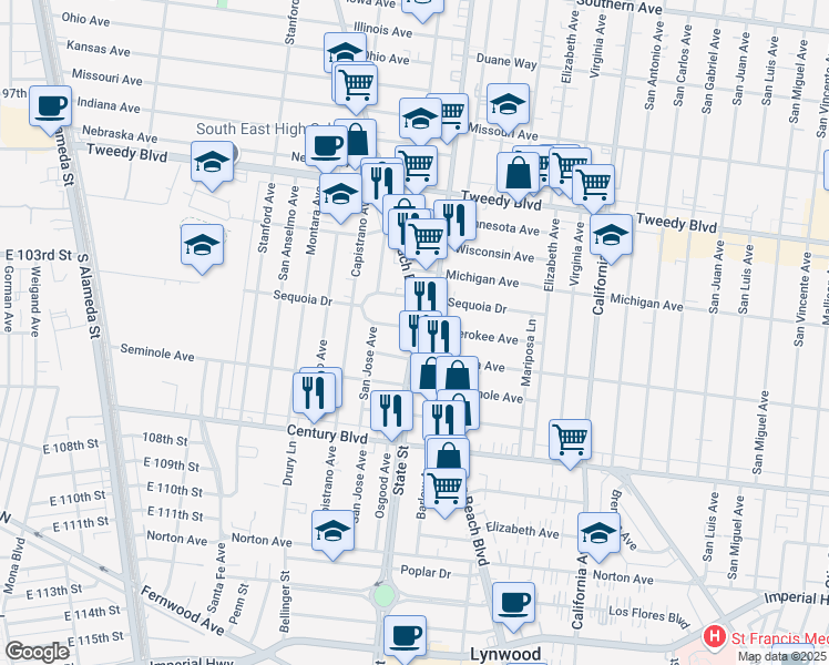 map of restaurants, bars, coffee shops, grocery stores, and more near 10349 Long Beach Blvd in Lynwood