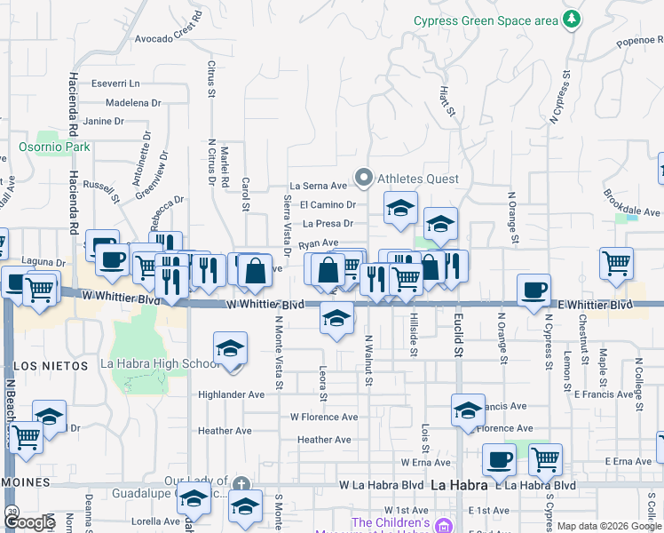 map of restaurants, bars, coffee shops, grocery stores, and more near 901 Kirby Drive in La Habra
