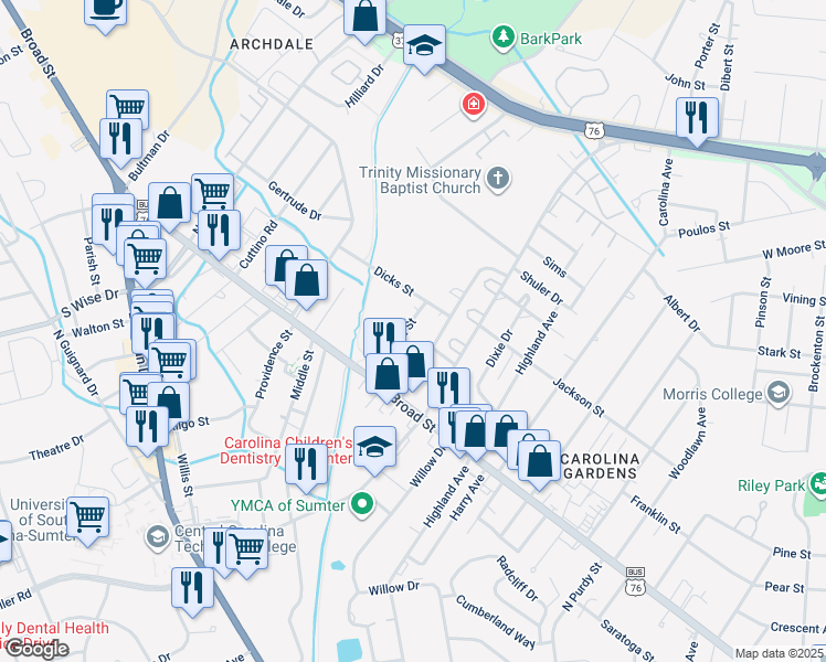 map of restaurants, bars, coffee shops, grocery stores, and more near 29 Newman Street in Sumter