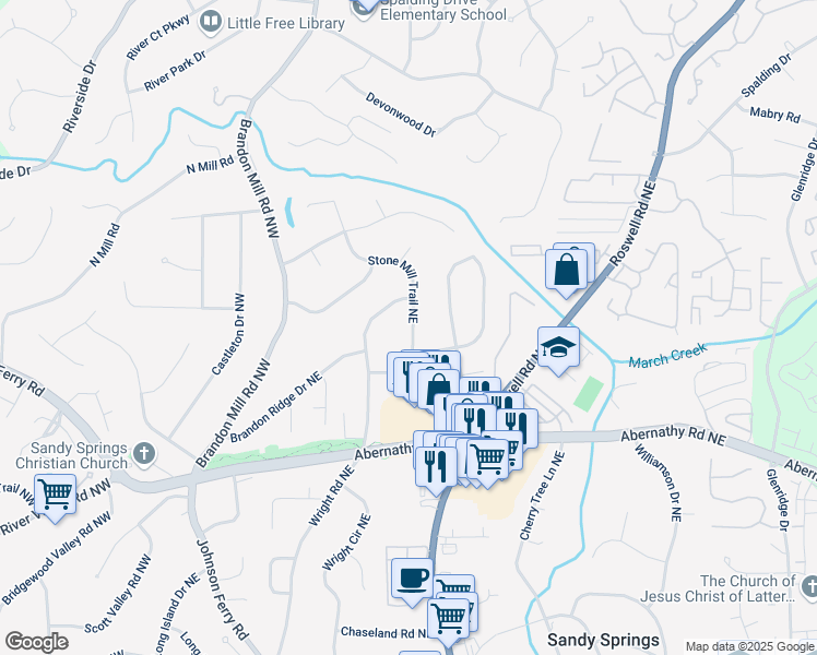 map of restaurants, bars, coffee shops, grocery stores, and more near 230 Stone Mill Trail Northeast in Atlanta