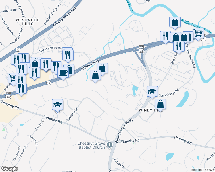 map of restaurants, bars, coffee shops, grocery stores, and more near 127 Telfair Place in Athens