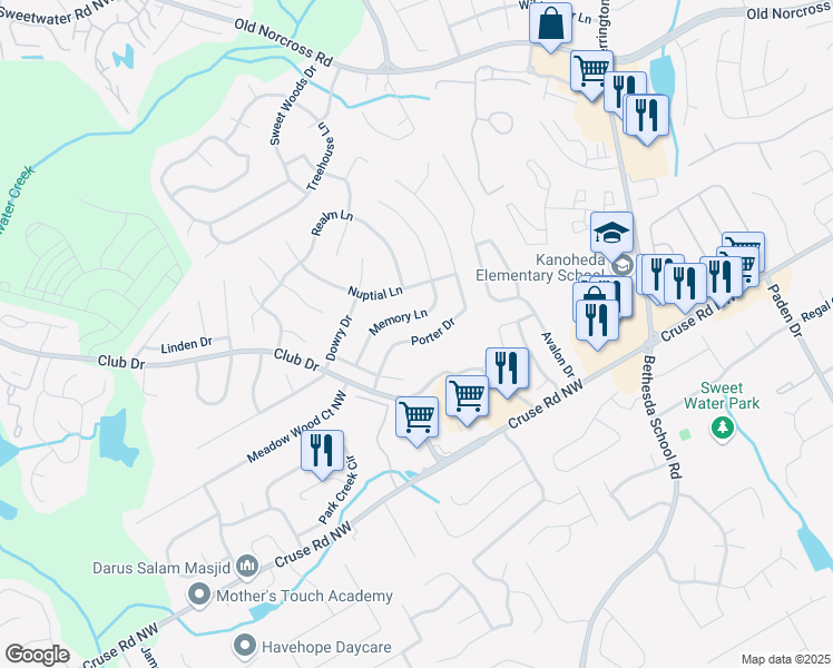 map of restaurants, bars, coffee shops, grocery stores, and more near 2799 Porter Drive in Lawrenceville