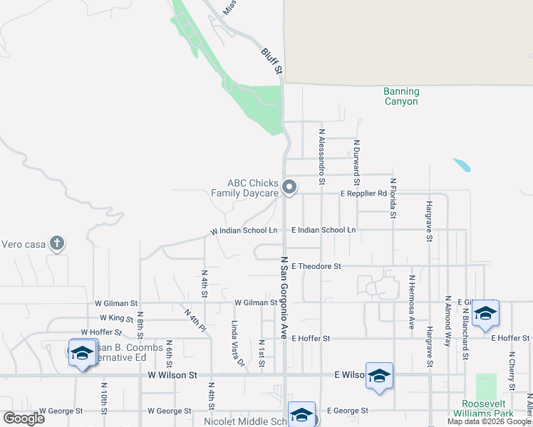 map of restaurants, bars, coffee shops, grocery stores, and more near 96 West Repplier Road in Banning
