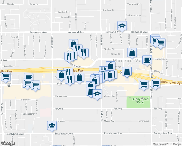map of restaurants, bars, coffee shops, grocery stores, and more near 24418 Postal Avenue in Moreno Valley