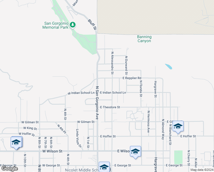 map of restaurants, bars, coffee shops, grocery stores, and more near 1690 North Murray Street in Banning