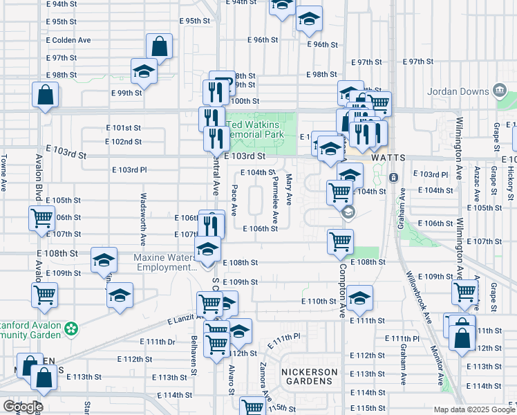 map of restaurants, bars, coffee shops, grocery stores, and more near 10516 East Zamora Avenue in Los Angeles