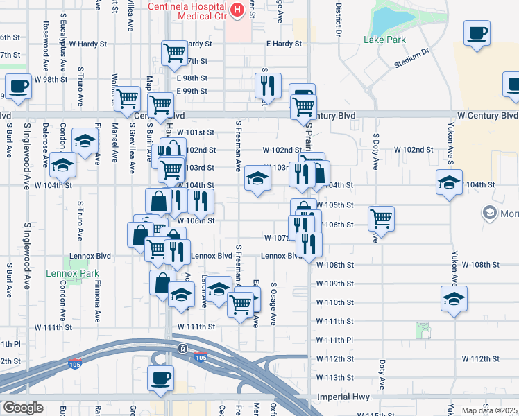 map of restaurants, bars, coffee shops, grocery stores, and more near 4106 West 105th Street in Inglewood
