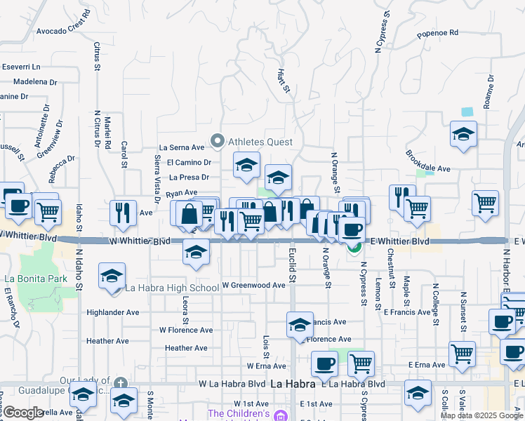 map of restaurants, bars, coffee shops, grocery stores, and more near 950 Hillside Street in La Habra