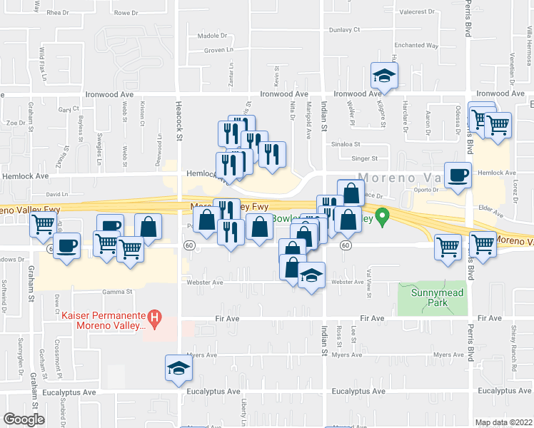 map of restaurants, bars, coffee shops, grocery stores, and more near 24306 Postal Avenue in Moreno Valley