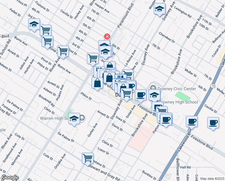 map of restaurants, bars, coffee shops, grocery stores, and more near 8206 Firestone Boulevard in Downey