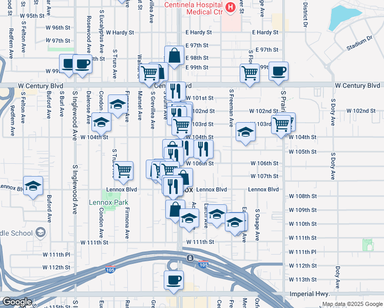 map of restaurants, bars, coffee shops, grocery stores, and more near 4332 West 105th Street in Inglewood