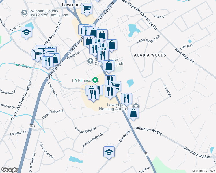 map of restaurants, bars, coffee shops, grocery stores, and more near 759-775 Gwinnett Drive in Lawrenceville