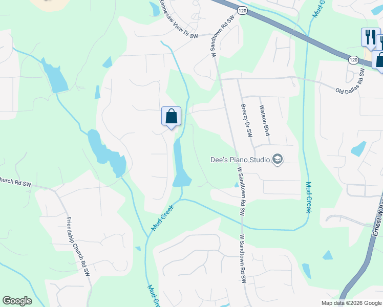 map of restaurants, bars, coffee shops, grocery stores, and more near 562 Stillwaters Drive Southwest in Marietta