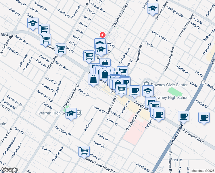 map of restaurants, bars, coffee shops, grocery stores, and more near 8206 Firestone Boulevard in Downey
