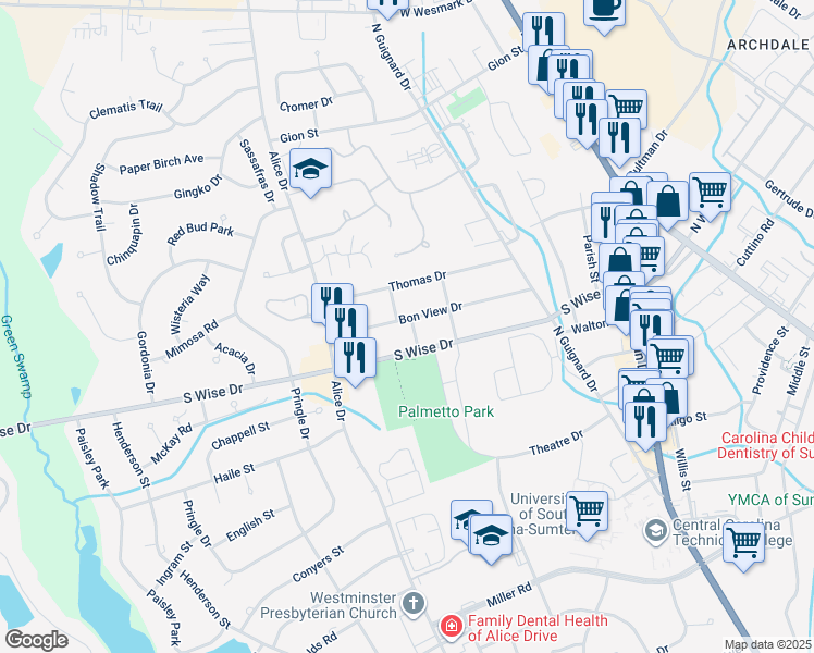 map of restaurants, bars, coffee shops, grocery stores, and more near 101 Duncan Street in Sumter