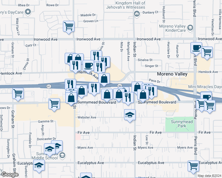 map of restaurants, bars, coffee shops, grocery stores, and more near Postal Avenue in Moreno Valley