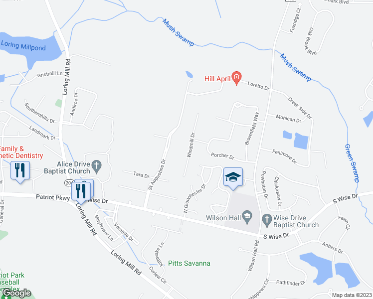 map of restaurants, bars, coffee shops, grocery stores, and more near 2825 Windmill Drive in Sumter