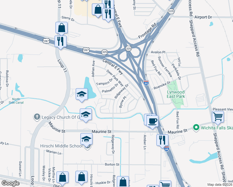 map of restaurants, bars, coffee shops, grocery stores, and more near 2712 Ridgeway Drive in Wichita Falls