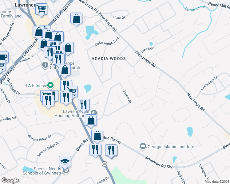 map of restaurants, bars, coffee shops, grocery stores, and more near 230 Forest Place in Lawrenceville