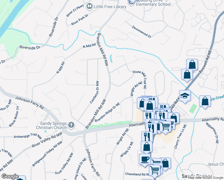 map of restaurants, bars, coffee shops, grocery stores, and more near 6795 Brandon Mill Road Northwest in Sandy Springs