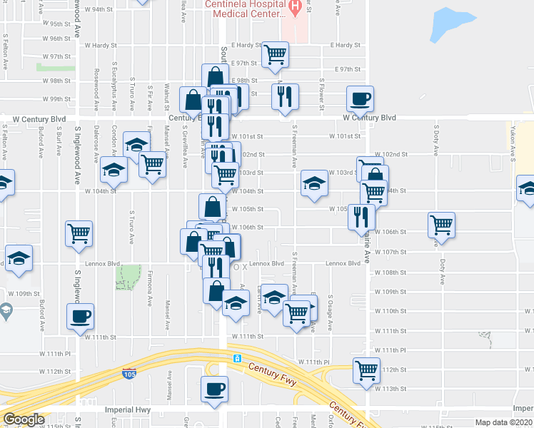 map of restaurants, bars, coffee shops, grocery stores, and more near 4246 West 105th Street in Lennox