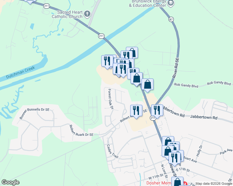 map of restaurants, bars, coffee shops, grocery stores, and more near 2131 Maple Leaf Drive in Southport