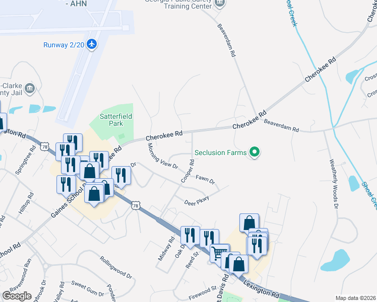 map of restaurants, bars, coffee shops, grocery stores, and more near 185 Morningview Circle in Athens