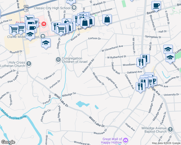 map of restaurants, bars, coffee shops, grocery stores, and more near 330 McWhorter Drive in Athens
