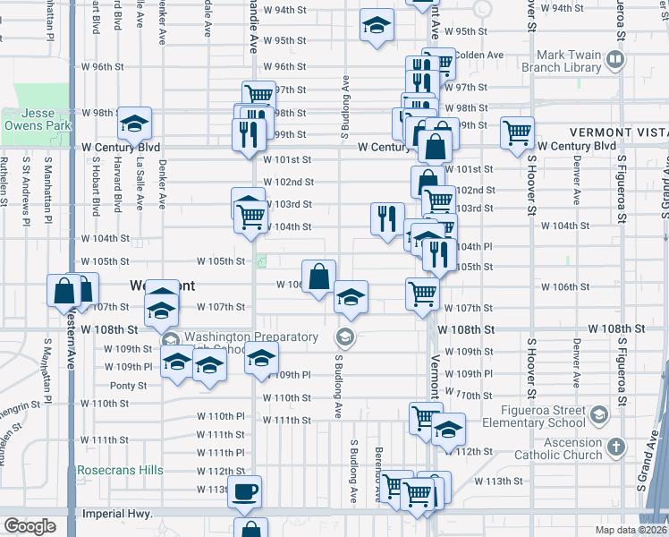map of restaurants, bars, coffee shops, grocery stores, and more near 10526 South Budlong Avenue in Los Angeles