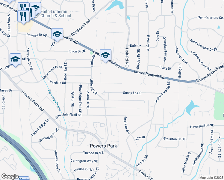 map of restaurants, bars, coffee shops, grocery stores, and more near 2497 Sunny Lane Southeast in Marietta