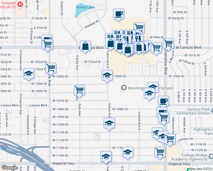map of restaurants, bars, coffee shops, grocery stores, and more near 10515 Yukon Avenue South in Inglewood