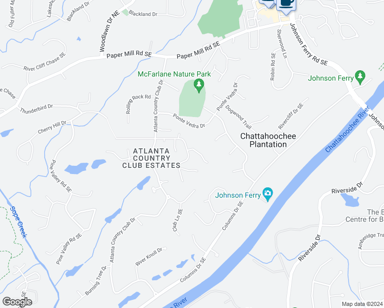 map of restaurants, bars, coffee shops, grocery stores, and more near 4479 Chattahoochee Plantation Drive Southeast in Marietta