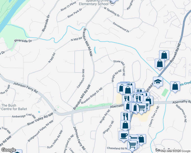 map of restaurants, bars, coffee shops, grocery stores, and more near 6795 Brandon Mill Road Northwest in Sandy Springs