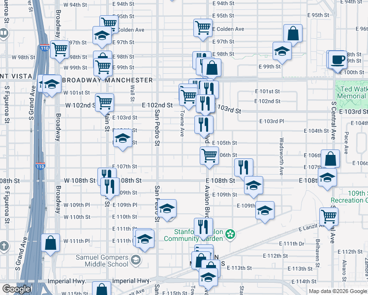 map of restaurants, bars, coffee shops, grocery stores, and more near 10510 Towne Avenue in Los Angeles