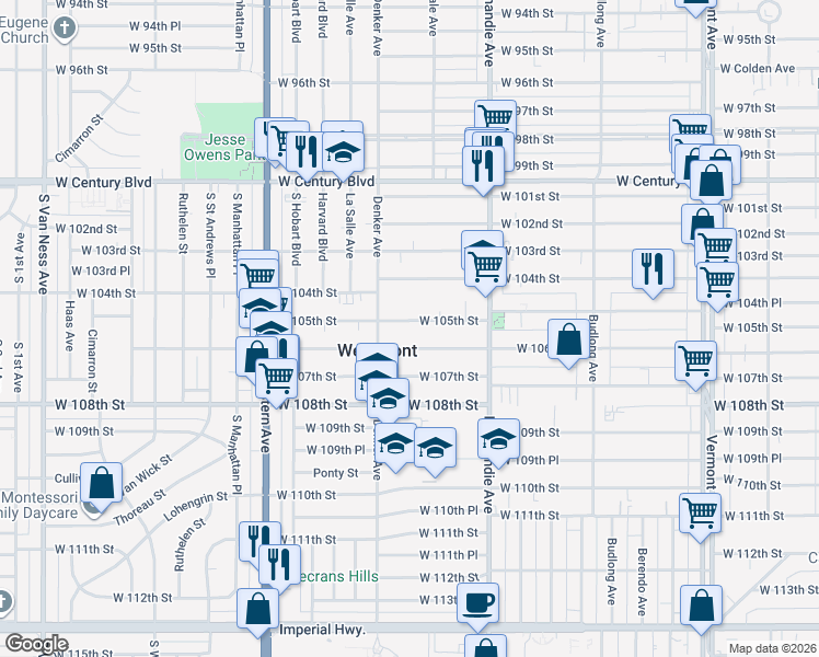 map of restaurants, bars, coffee shops, grocery stores, and more near 1526 West 105th Street in Los Angeles