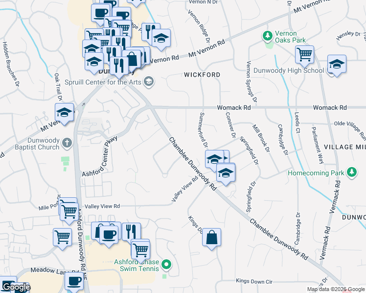 map of restaurants, bars, coffee shops, grocery stores, and more near 5231 Chamblee Dunwoody Road in Dunwoody