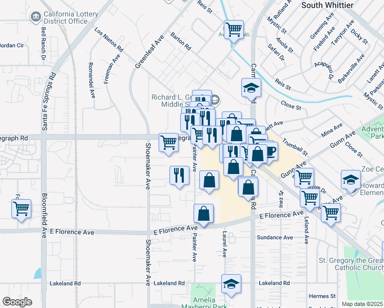 map of restaurants, bars, coffee shops, grocery stores, and more near 13095 Park Street in Santa Fe Springs