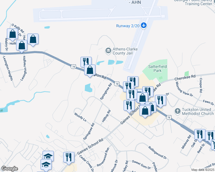 map of restaurants, bars, coffee shops, grocery stores, and more near 114 Springtree Road in Athens