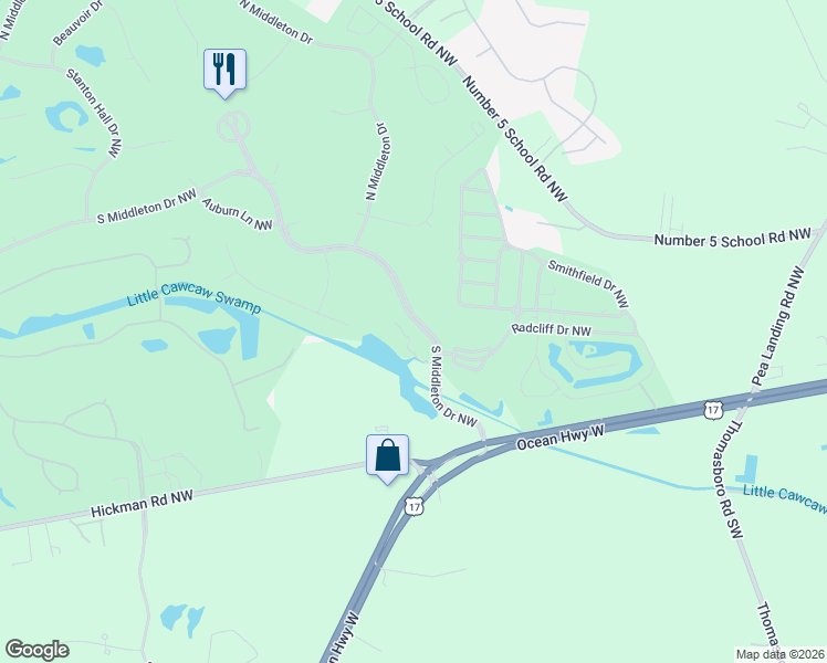 map of restaurants, bars, coffee shops, grocery stores, and more near 135 South Middleton Drive Northwest in Calabash
